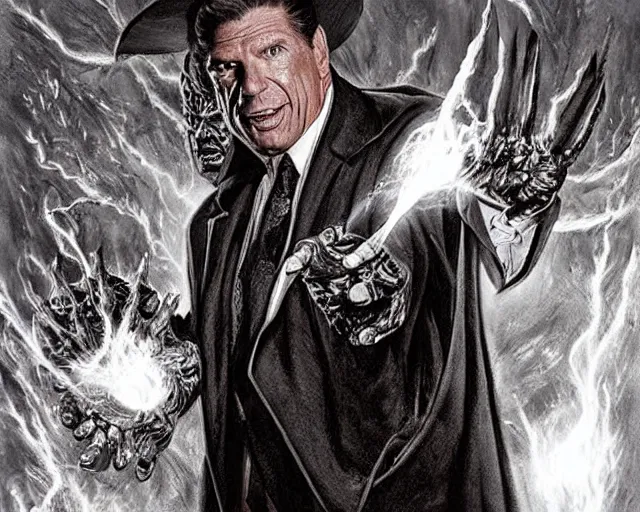 Image similar to vince mcmahon as a shadow mage casting a dark magic spell, fantasy artwork, d & d, extremely detailed, high quality, award - winning,