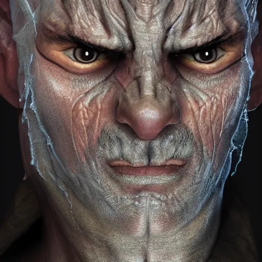 Image similar to portrait of a 5 0 - year - old draconic man with a bold head and shave face with scar on his face, wearing a simple robe, hyper realistic face, beautiful eyes, character art, art by mark brooks, hyperdetailed, cryengine, trending on artstation, digital art