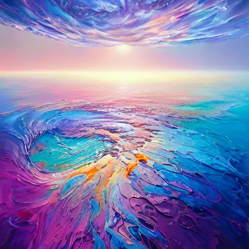 Image similar to the laws of physics break down and there only an infinite present, in which all points in time are equally real. surrealist acrylic painting by andreas rocha and alena aenami, pastel colors, featured on artstation, metaphysical, fluid acrylic pour art, airbrush art, rococo