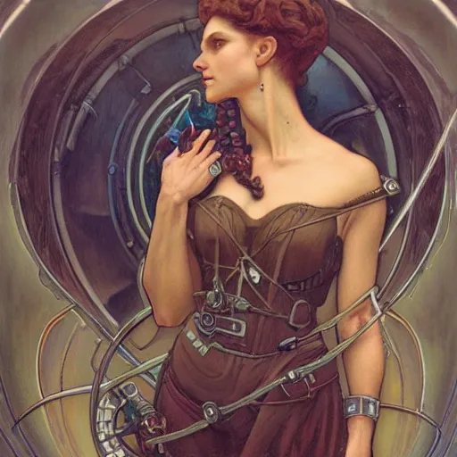 Image similar to a dieselpunk painting in the style of donato giancola, and in the style of tom bagshaw, and in the style of alphonse mucha. symmetry, smooth, sharp focus, semi - realism, intricate detail.