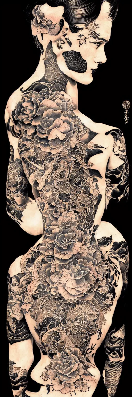 Prompt: silhouette of Yakuza style tattoos illustration, intricate, elegant, highly detailed, digital art, ffffound, art by JC Leyendecker and sachin teng