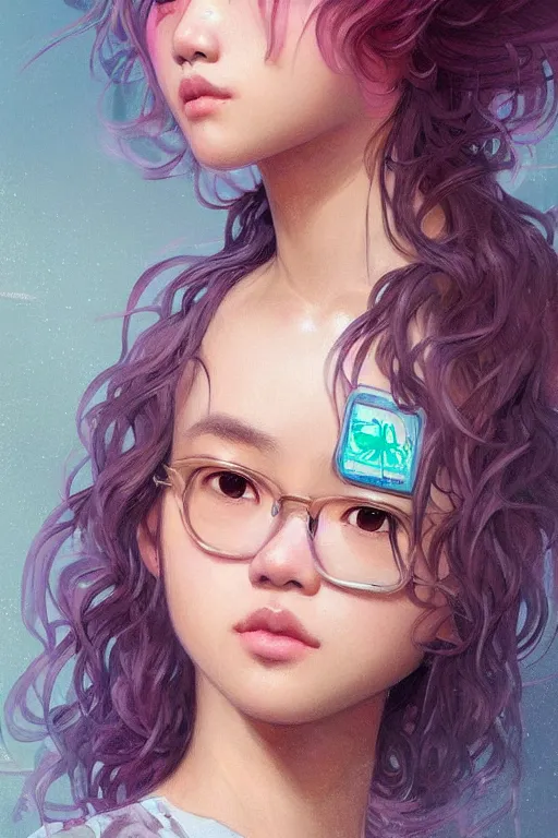 Image similar to portrait of a cute Thai girl with a messy curly hair, pastel hair, streetwear fashion, highly detailed, digital painting, artstation, concept art, sharp focus, illustration, art by artgerm and greg rutkowski and alphonse mucha