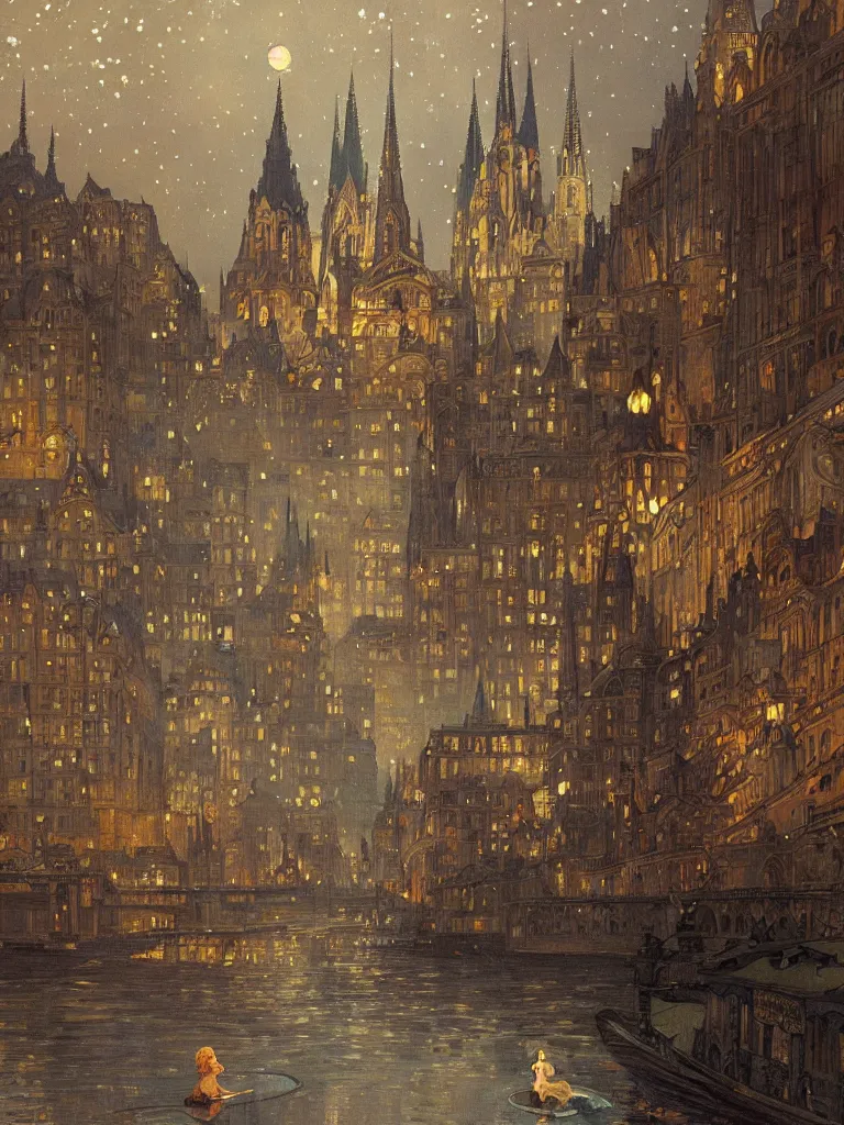 Image similar to a view from the river of budapest or paris at night with the sky full of stars, intricate, elegant, highly detailed, digital painting, artstation, concept art, smooth, sharp focus, colored illustration for tattoo, art by krenz cushart and artem demura and alphonse mucha,