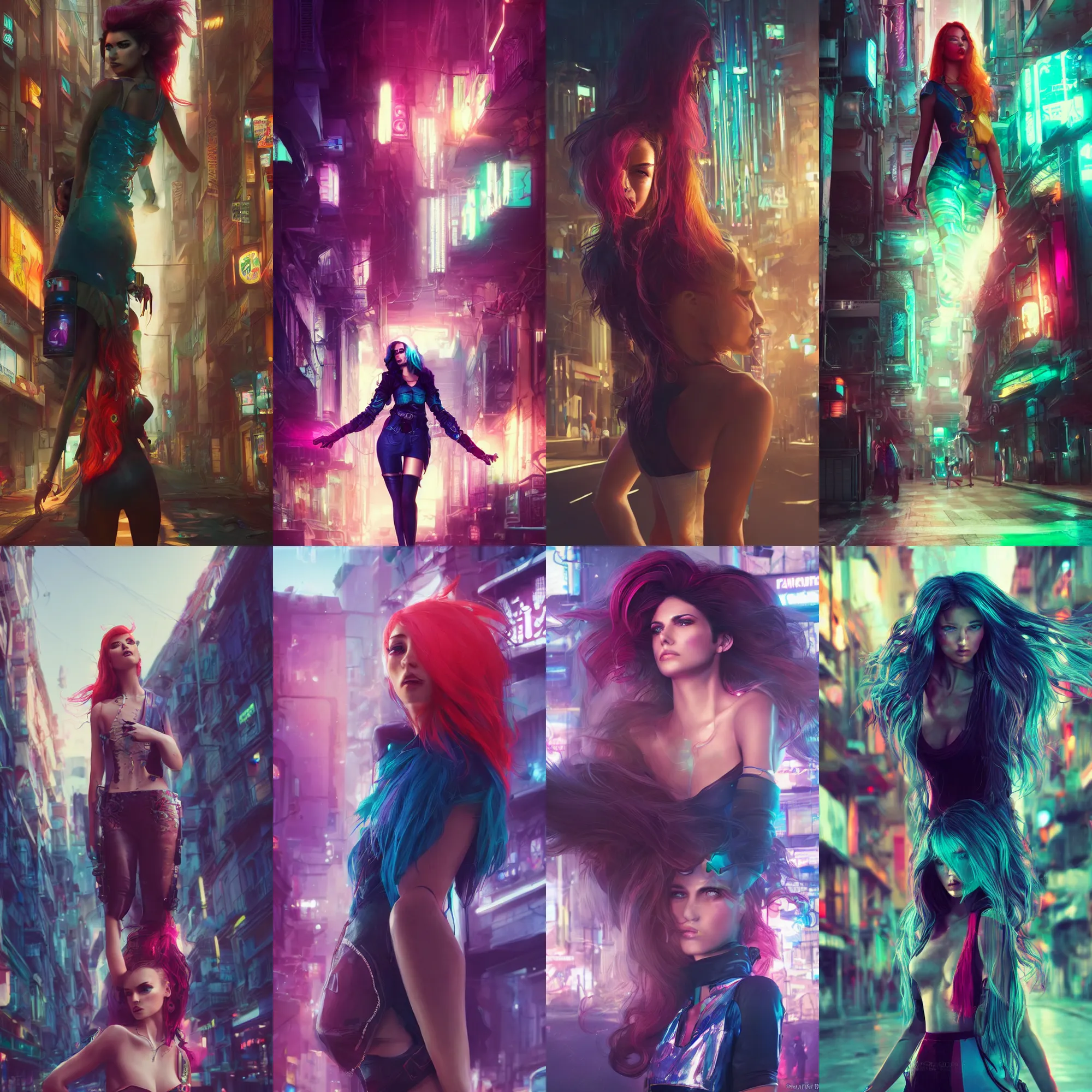Prompt: fashion photography, gorgeous latin woman with colorful hairs, cyberpunk city street, illustration, cinematic color grading, hyperrealism, elegant, vfx, postprocessing, octane render, 8 k, by charlie bowater