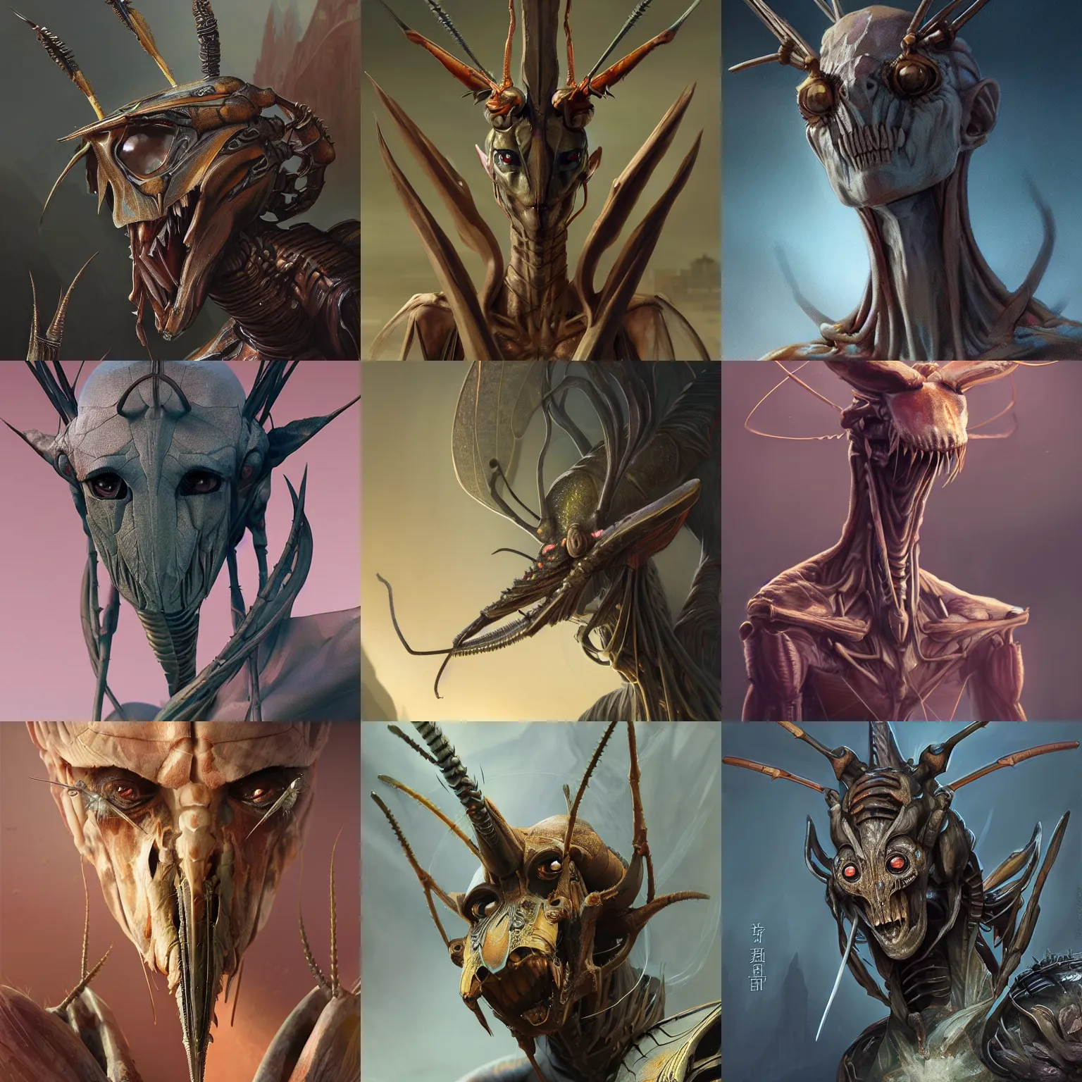 Prompt: a concept art of a mantis assassin, hestiasula head with antennae, human - shaped, mantid features, praying posture, stick - like body, by greg rutkowski, sung choi, mitchell mohrhauser, giger, johnson ting, maxim verehin, peter konig, highly detailed, fantasy art, octane render, artstation hd