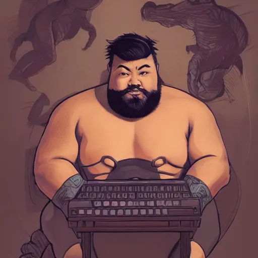 Image similar to a insanely detailed painting of a thick asian man wearing a homemade superhero costumed, sitting at a computer desk typing on the keyboard, in the style of peter mohrbacher, dramatic lighting and composition, trending on artstation, concept art, comic book, graphic novel