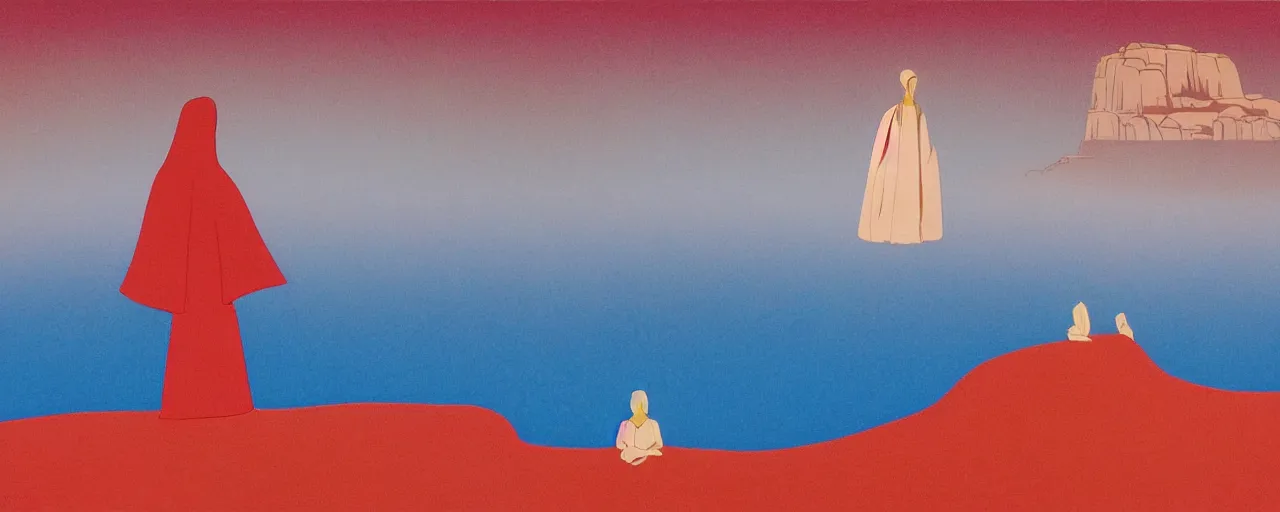 Image similar to deep golden sand desert, oasis, water lake, mirage, sand mists, red sandstone natural sculptures, desert flowers, subtle color variations, wind, a white robed benevolent magician clothed in a royal garment in contemplation meditating upon God, by Eyvind Earle and Mary Blair