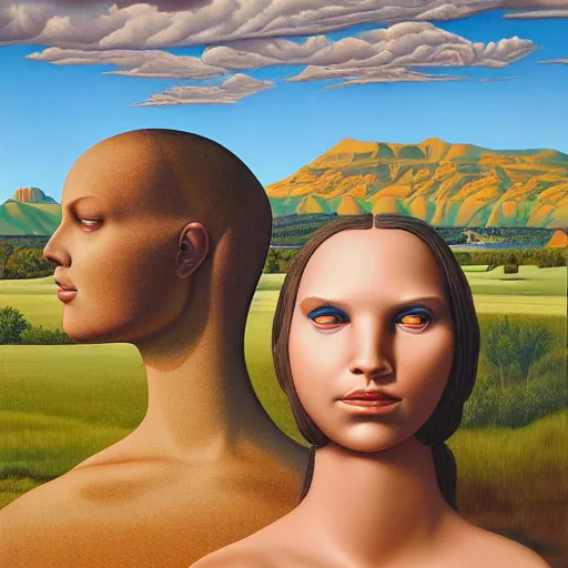 Image similar to hyperrealstic surrealism landscape, giant mannequin head ruins by alex gross