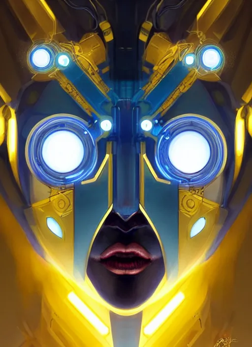 Image similar to symmetry!! portrait of a robot with big eyes, sci - fi, tech wear, blue and yellow glowing lights!! intricate, elegant, highly detailed, digital painting, artstation, concept art, smooth, sharp focus, illustration, art by artgerm and greg rutkowski and alphonse mucha