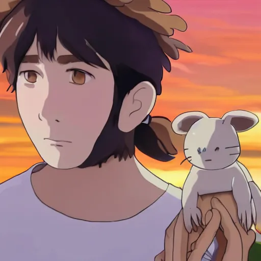 Image similar to friendly guy with Fragile looking portrait face with a small creature on his arm made by Studio Ghibli highly detailed art, beautiful scene, sharp focus, smooth, 8k, anime art