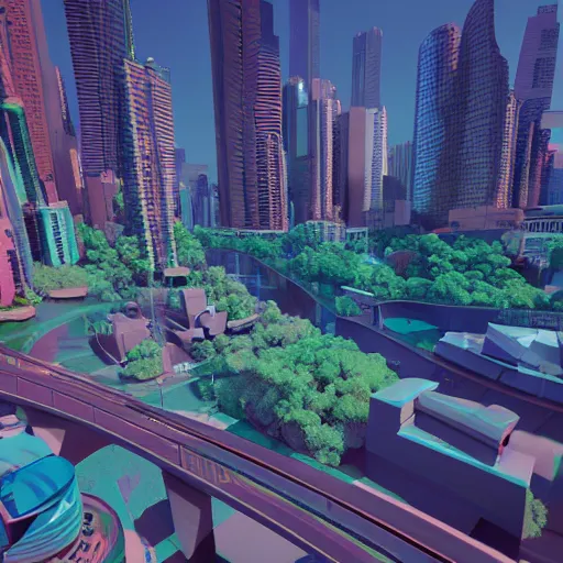 Image similar to A cityscape with a river running through it, Blender 3D, Pixar, Dreamworks, by Beeple