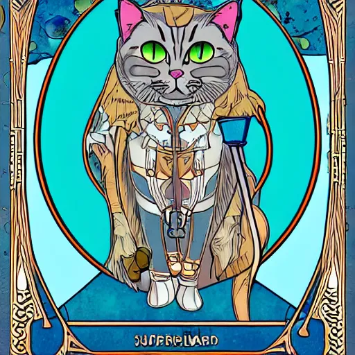 Prompt: Super math wizard cat, in Art Nouveau style, illustration for tarot card