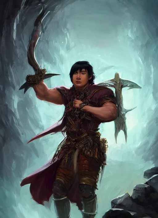 Image similar to asian with medium black hair man looks belly point of view, dndbeyond, bright, colourful, realistic, dnd character portrait, full body, pathfinder, pinterest, art by ralph horsley, dnd, rpg, lotr game design fanart by concept art, behance hd, artstation, deviantart, hdr render in unreal engine 5