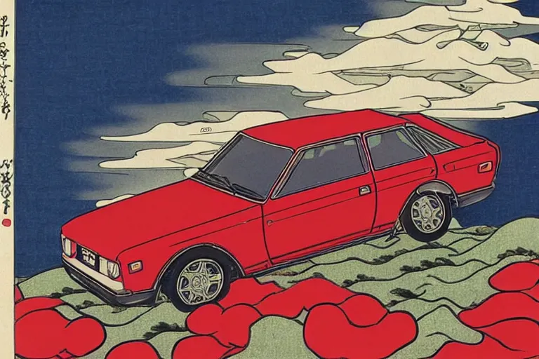 Image similar to ukiyo - e painting of a datsun 5 1 0