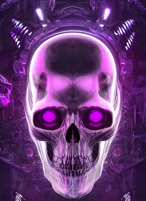 Image similar to a futuristic skull with glowing eyes and a purple background, fractal made of skulls, cyberpunk art by android jones, behance contest winner, computer art, darksynth, synthwave, rendered in cinema 4 d