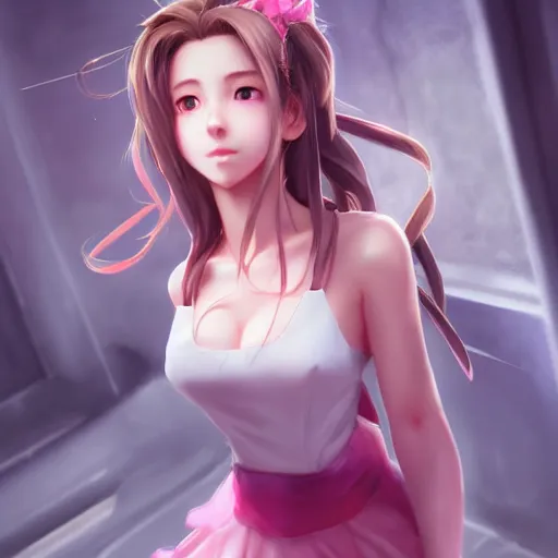 Image similar to full body shot of aerith gainsborough by WLOP, rossdraws, Logan Cure, Mingchen Shen, BangkuART, sakimichan, yan gisuka, JeonSeok Lee, zeronis, Chengwei Pan on artstation