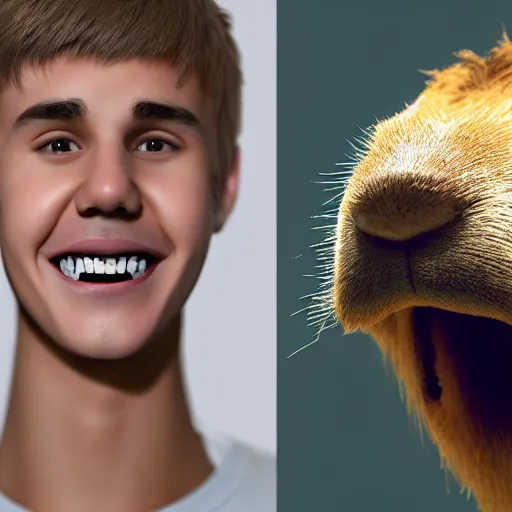 Image similar to hyperrealistic dslr film still of justin bieber smile with giant teeth of a capybara, stunning 8 k octane comprehensive 3 d render, inspired by istvan sandorfi & greg rutkowski & unreal engine, perfect facial symmetry, dim volumetric cinematic lighting, extremely hyper - detailed, incredibly real lifelike attributes & flesh texture, intricate, masterpiece, artstation, stunning