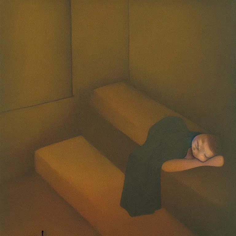 Prompt: a child sleeping on the bed with a creeper hinding under the bed, morbid painting, dark, low angle, zdzisław beksinski