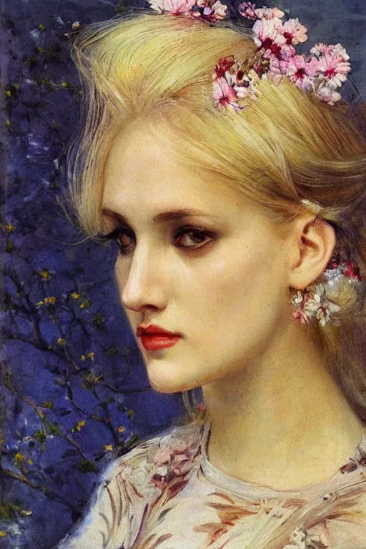 Image similar to close - up fashion blonde woman portrait airy flowers cloudy sky art by vasnetsov