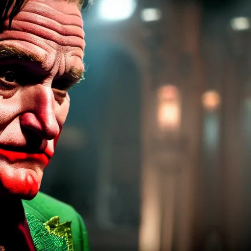 Image similar to stunning awe inspiring ( robin williams ) as the joker 8 k hdr movie still atmospheric lighting