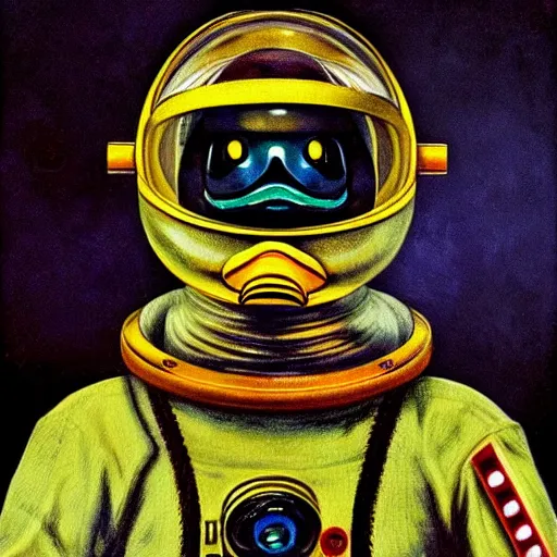 Prompt: duck astronaut, proudly posing for a portrait, heroic, painted by hr giger, intricate, detailed, atmospheric lighting.