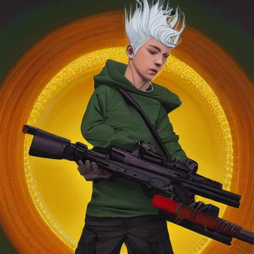 Image similar to detailed 2 d picture a boy with white hair, wearing yellow with red pattern hoodie holding a riffle in the style of artgerm and greg rutkowski and alphonse mucha