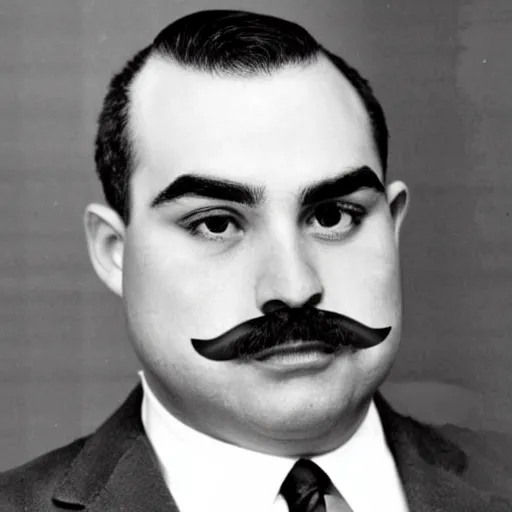 Image similar to A tubby looking male detective with shaven cheeks and prominent chocolate colored eyebrows. He has a tiny moustache. His head has been plucked clean of hairs, leaving the top of his head bald and shiny.