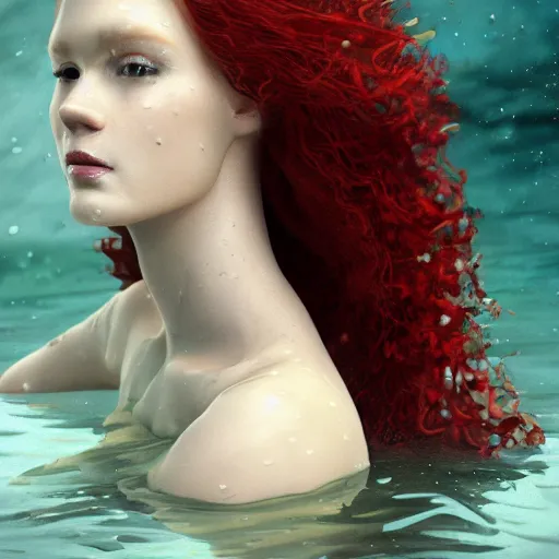 Image similar to a portrait of woman with long dark curly red hair under the water, stoic, windy, pale skin with dark scales, mermaid, alone, underwater, fish, white eyes, dramatic, epic painting, painting by wlop and nixeu, semirealism, artstation, octane render, sharpness, 8 k, golden ratio