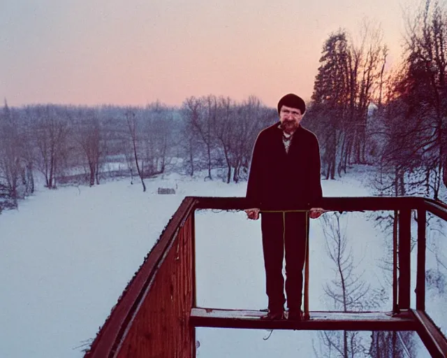 Prompt: lomographic tarkovsky film still of 4 0 years russian man with beard and sweater standing on small hrushevka 9 th floor balcony in taiga looking at sunset, perfect faces, cinestill, bokeh