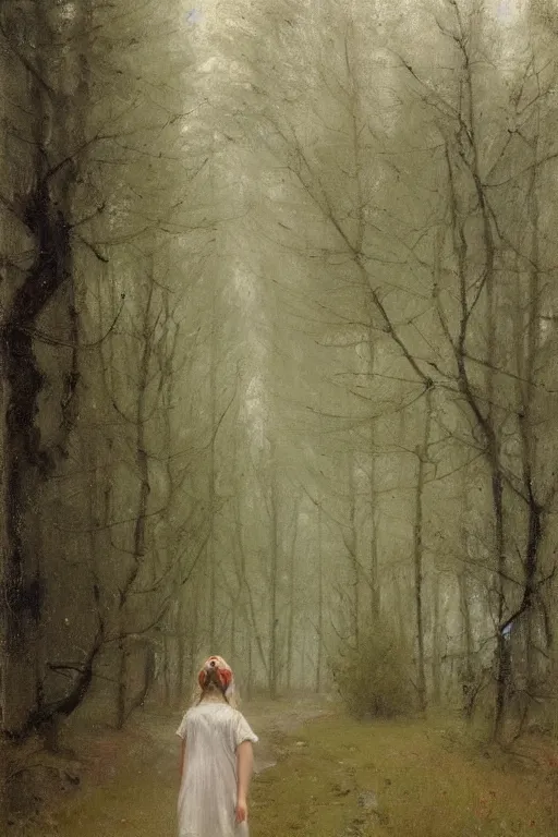 Prompt: blonde girl, pigtail braids, white summer dress, back view, walking dark forest, rain, puddles, jeremy lipking, joseph todorovitch, jules bastien le - page