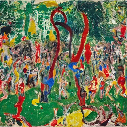 Prompt: 50 peoples dancing in the garden of eden, happy, painted by Asger Jorn, 8k, Peter Doig, abstract oil paint with thick brushstrokes of paint, ultra detailed, realistic, small spot of thick melting paint drips all over