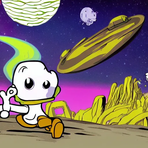 Prompt: Liminal space in outer space, Cuphead style, colorized