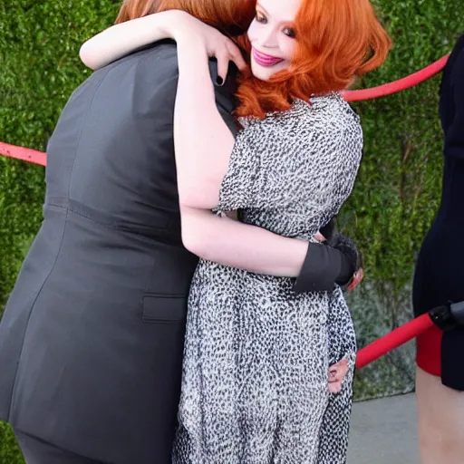 Prompt: christina hendricks hugging,