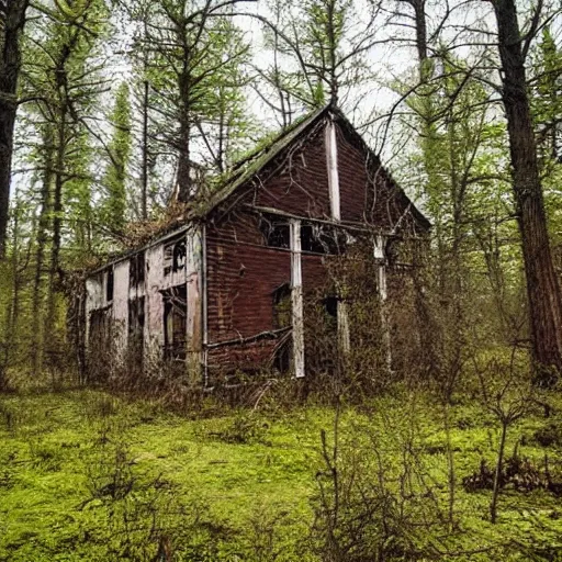 Prompt: an abandoned building in the middle of a forest.