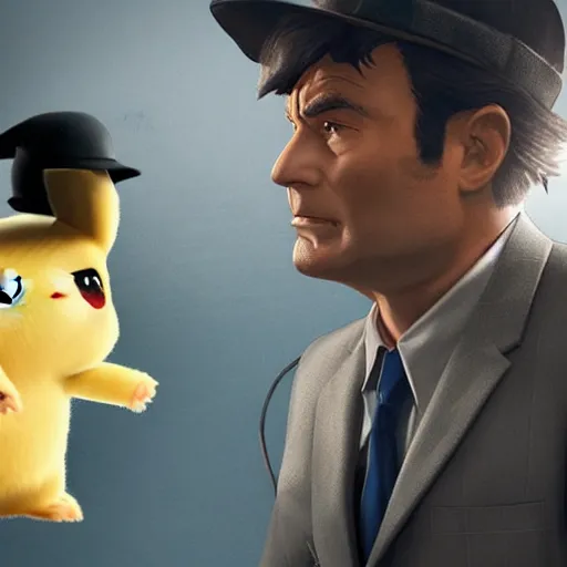 Prompt: detective columbo questioning detective pikachu, high quality photograph, noir lights, 8 k, artstation