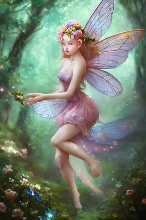 Image similar to a cute fairy in the dreamy forest, fantasy, dreamlike, 8 k resolution, hyper detailed, d & d, character design, digital painting, trending on artstation, sharp focus, illustration, art by viktoria gavrilenko, hoang lap, fuji choko, steve zheng