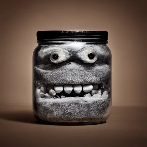 Image similar to Evil monster in a jar, product photography, centered, studio lightning