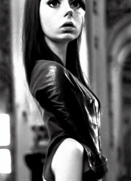 Image similar to 1973 film still from an Italian drama film of a bemused teenage Karen Gillan as the goddess of black leather staring intently at you. focused on her eyes. ultra detailed painting at 16K resolution and amazingly epic visuals. epically beautiful image. amazing effect, image looks gorgeously crisp as far as it's visual fidelity goes, absolutely outstanding. vivid clarity. ultra. iridescent. mind-breaking. mega-beautiful pencil shadowing. beautiful face. Ultra High Definition. godly shading. amazingly crisp sharpness. photorealistic film cel processed twice..