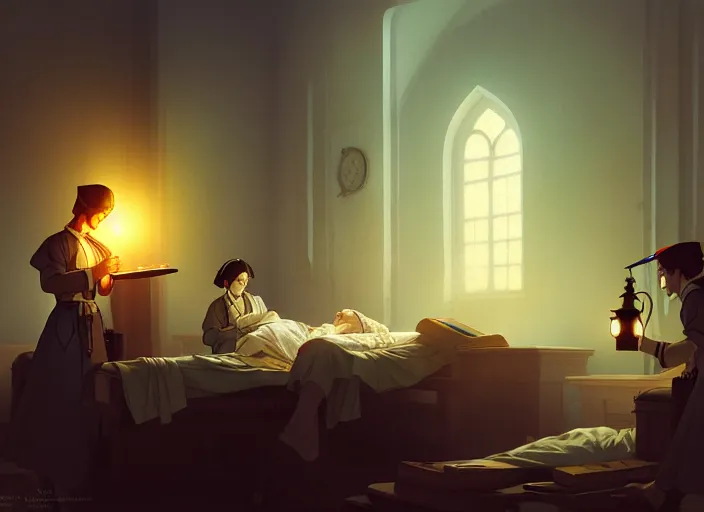 Prompt: 1 8 5 5 crimea, army hospital at night, patients sleeping, florence nightingale holding lamp, visiting the soldiers to make sure they were comfortable, wounded patients, finely detailed perfect art, painted by greg rutkowski makoto shinkai takashi takeuchi studio ghibli