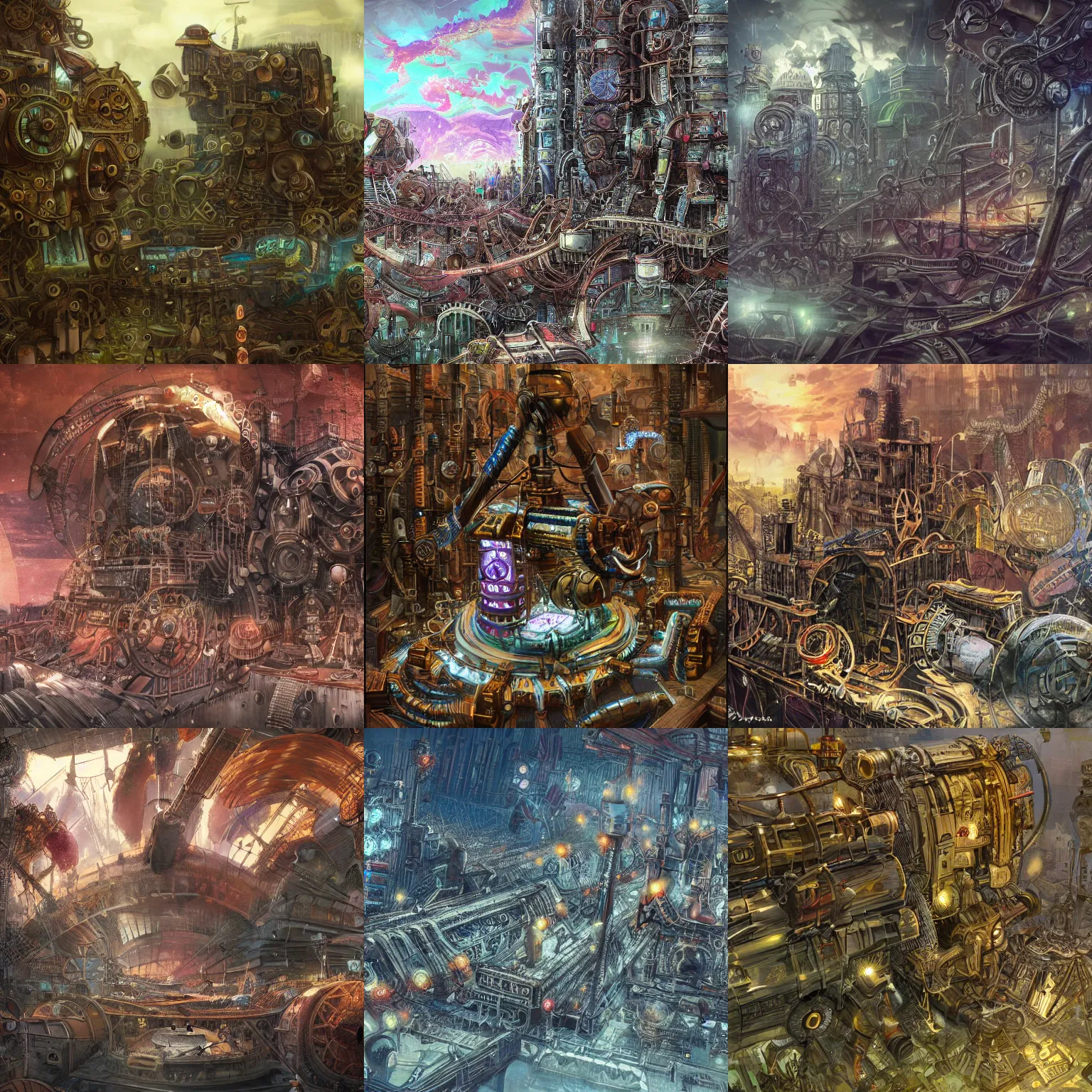 Image similar to enormous city-sized complicated steampunk machinery, psychedelic art, lovecraftian, epic, 4k, concept art, detailed