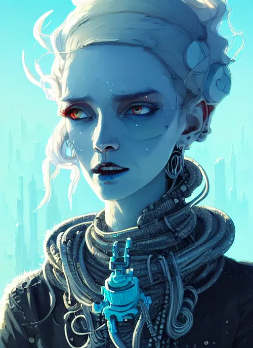 Image similar to highly detailed portrait of wasteland punk long curly white ice hair tribal lady, stray wiring by atey ghailan, james gilleard, by joe fenton, by greg rutkowski, by greg tocchini, by kaethe butcher, 4 k resolution, gradient blue, cyan, black and white color scheme!!! ( ( ice laden glaciated robotic dystopian city background ) )