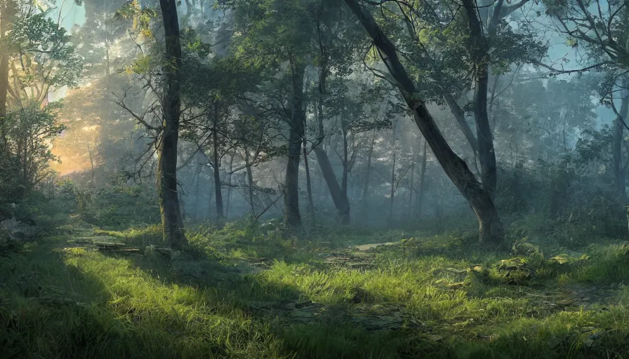 Image similar to abandoned greenbelt park, covered by vegetation, sunrise, hyperdetailed, artstation, cgsociety, 8 k