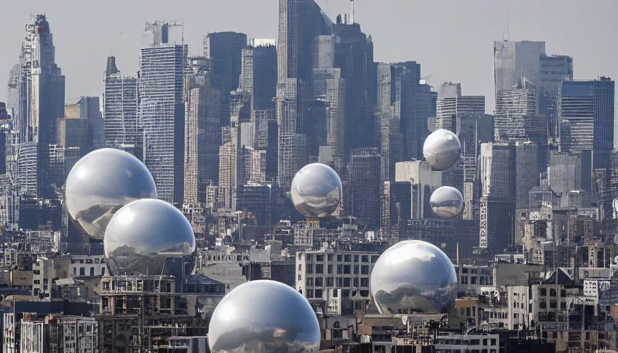 Prompt: dozens of giant metallic white spheres float above the skyline of a large city