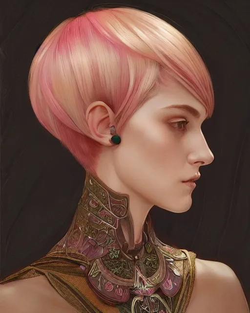 Image similar to portrait of a half elf woman with pink layered bob haircut, intricate, elegant, highly detailed, digital painting, artstation, concept art, smooth, sharp focus, illustration, art by artgerm and greg rutkowski and alphonse mucha and uang guangjian and gil elvgren and sachin teng and wlop, symmetry