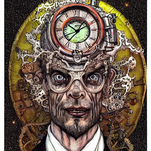 Prompt: portrait mad scientist painted in jacek yerka style drawn by vania zouravliov and takato yamamoto, inspired by clockworkpunk, intricate acrylic gouache painting, high detail, sharp high detail, artstation