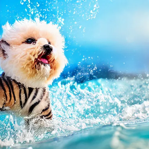 Image similar to a closeup photorealistic photograph of a cute smiling tiger bichon puppy splashing in the surf during sunset. professional capture, well lit shot. this 4 k hd image is trending on artstation, featured on behance, well - rendered, extra crisp, features intricate detail, epic composition and the style of unreal engine.