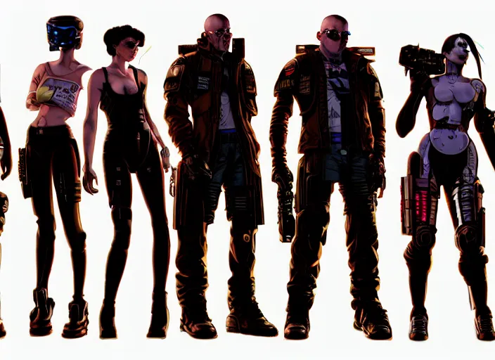 Image similar to cyberpunk kill team. portrait by stonehouse and mœbius and will eisner and gil elvgren and pixar. character design. realistic proportions. cyberpunk 2 0 7 7 character art, blade runner 2 0 4 9 concept art. cel shading. attractive face. thick lines. the team. diverse characters. shadowrun. artstationhq.