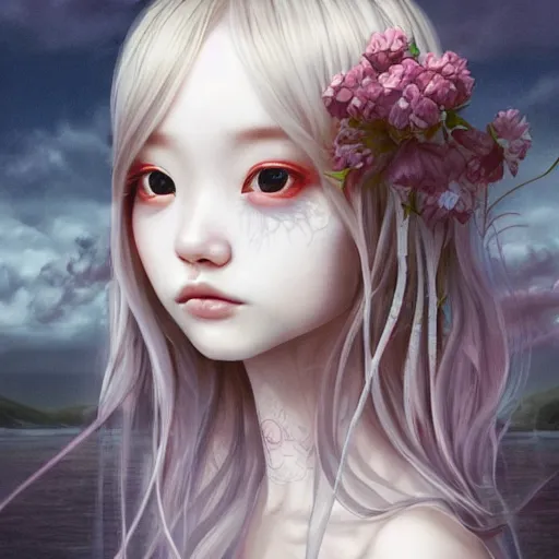 Image similar to Portrait 🍔💀 by Miho Hirano, Ross Tran and Ilya Kuvshinov, realistic, detailed, white, light pink tonalities, beautiful collage technique including flora, sea, wind, ornate sea background, beautiful Fantasy detailed trending on artstation, oil painting,Dramatic lighting, eterea , high quality print, fine art with subtle redshift rendering