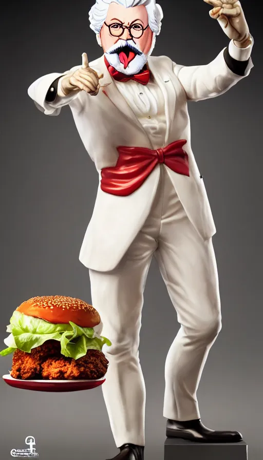 Prompt: a full body portrait of colonel sanders the fried chicken god, presenting the zinger burger!! extremely beautiful, anatomically accurate, by artgerm and by greg rutkowski and by alphonse mucha and by simon bisley, radiant light, detailed and intricate environment,