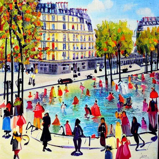 Prompt: A sunny day in modern Paris, colorful painting by Charles Blondin